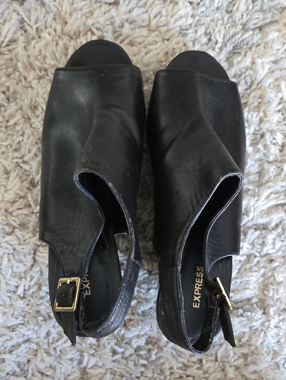 Express Black Leather Open-Back Mule Sandals with Gold Buckle